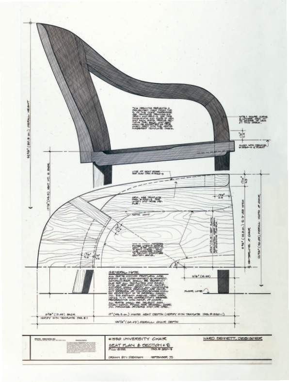 A technical drawing of the 1550 University chair, first designed by Ward Bennett for the LBJ Library