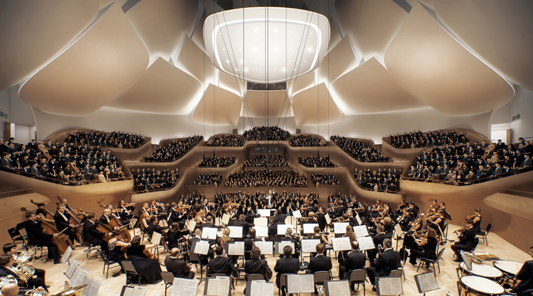 A rendering for the new China Philharmonic Concert Hall by MAD Architects. Image courtesy of MAD
