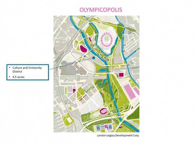 The triangular site (4.5 acres) for the culture and university district of 'Olympicopolis'. London Legacy Development Corp. (LLDC)