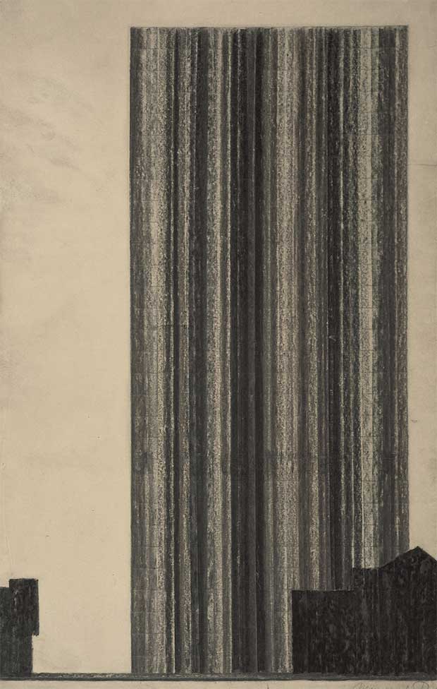 An early drawing for a glass skyscraper by Mies van der Rohe, 1922. From our book Mies.
