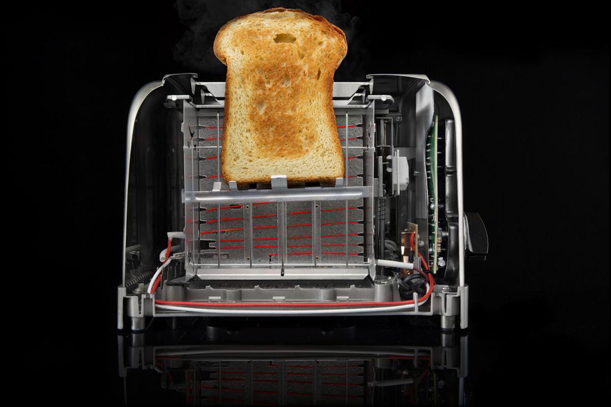 One of Modernist Bread's cutaway photographs, in this case showing a slice of bread in a toaster