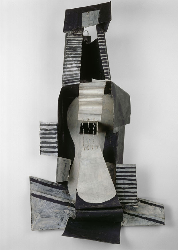 Pablo Picasso (Spanish, 1881–1973) Guitar, Paris, 1924, Painted sheet metal, painted tin box, and iron wire 43 11/16 × 25 × 10 1/2 in. (111 × 63.5 × 26.6 cm) Musée national Picasso–Paris © 2015 Estate of Pablo Picasso/Artists Rights Society (ARS), New York