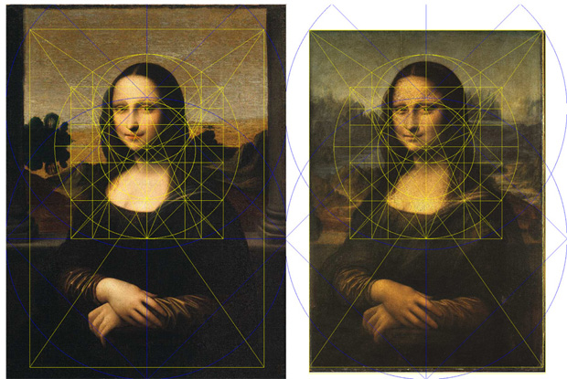The Isleworth Mona Lisa (left) and The Mona Lisa (right), with Alfonso Rubino's geometric attributions