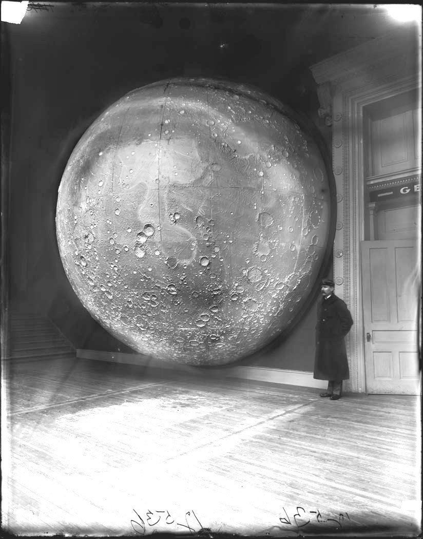 Field Columbian Museum West Court Alcove 103. 1898. Moon Model Prepared by Johann Friedrich Julius Schmidt, Germany, in 1898. Via Wikimedia Commons. As reproduced in Sun and Moon