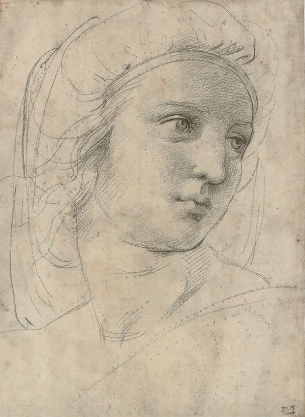 Raffaello Sanzio, called Raphael (1483–1520), Head of a Muse, c.1510, black chalk over pounce marks, traces of stylus, 30.5 x 22 cm (12 x 8½ in). Sale: 8 December 2009, London. Estimate: £12m–16m/ $19.7m–26.3m. Sold £29,161,250/ $48,009,960