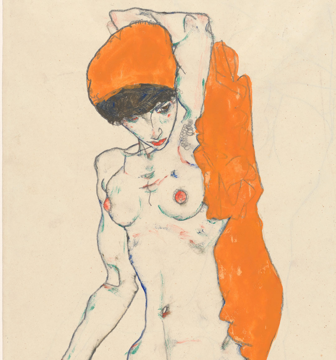 Standing Nude with Orange Drapery ​(detail) (1914) by Egon Schiele. As featured in Obsession