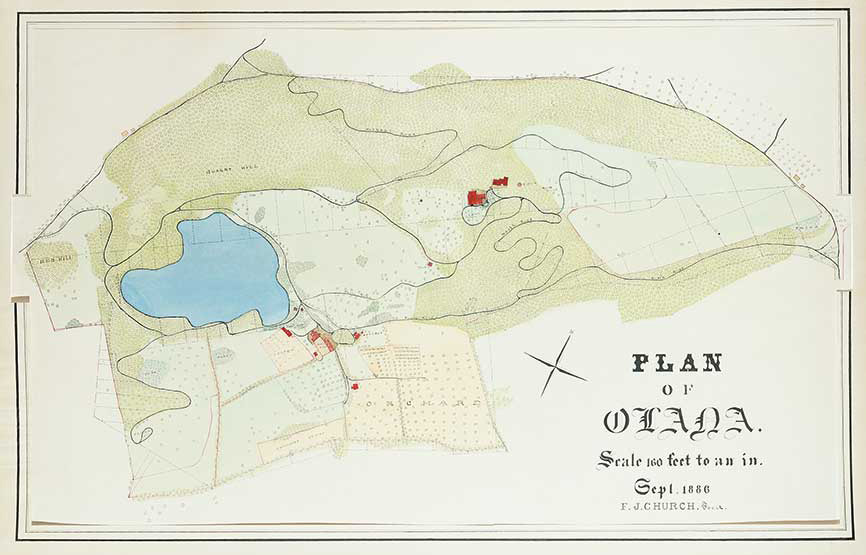 Frederic Joseph Church, Plan of Olana, September 1886, ink and watercolor on paper, 22 1/8 x 36 ¼ in. Collection Olana State Historic Site.  New York State Office of Parks, Recreation and Historic Preservation.
