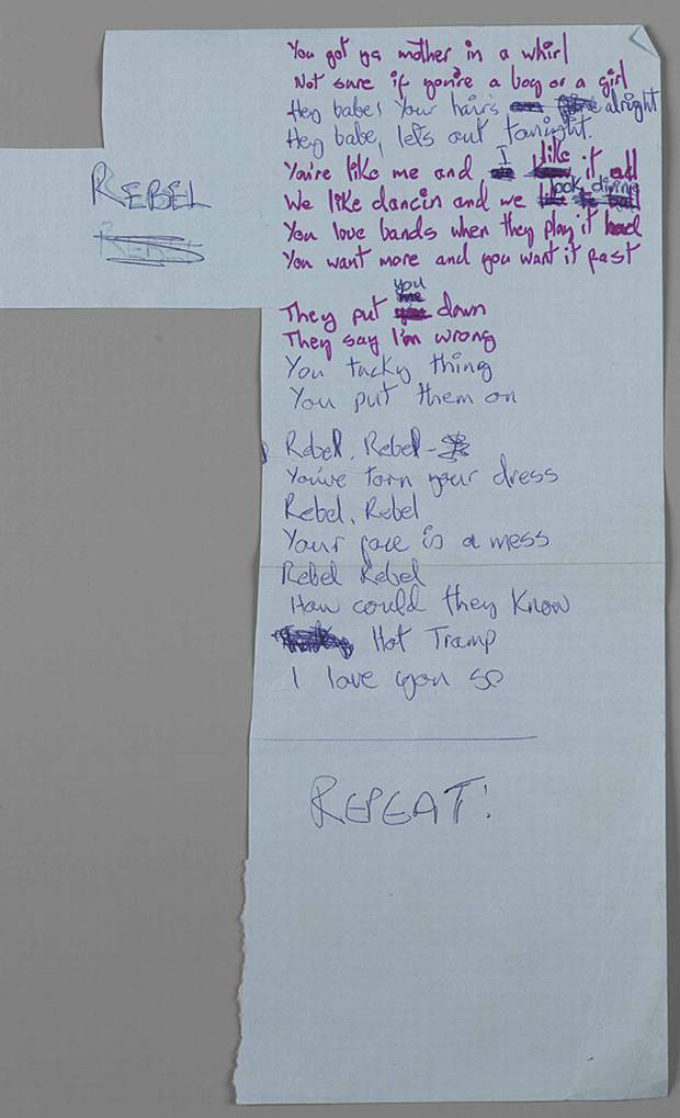 Original lyrics for Rebel Rebel copyright The David Bowie Archive 2012 image courtesy V&A Images