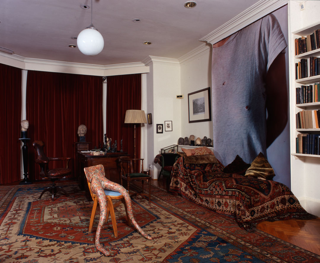 The Pleasure Principle (2000) by Sarah Lucas at the Freud Museum, London, featuring Hysterical Attack (Eyes) (1999) (centre) and Priere de Toucher (2000) (photograph, far wall) both by Sarah Lucas.