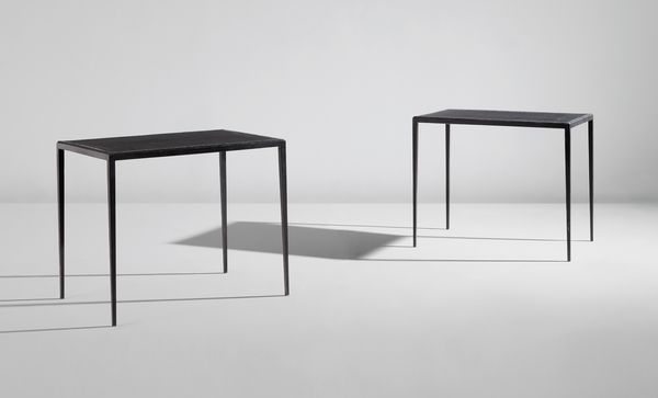 Jean-Michel Frank Pair of side tables, circa 1938 Painted iron, leather, estimate $20,000 - 30,000