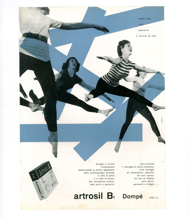 Franco Grignani, advertisment for Dompe? Farmaceutici’s ‘Artrosil B1’ medicine, 1950. Image courtesy of the Estorick Collection and Archivo Manuela Grignani Sitroli