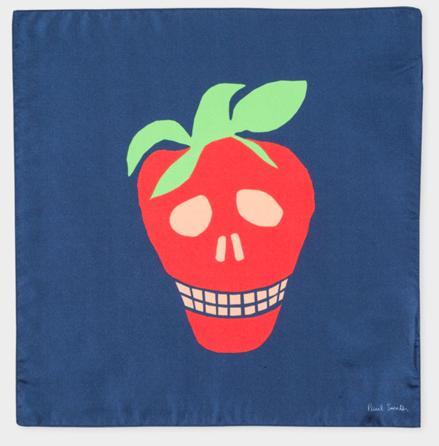 For him: Navy Large 'Strawberry Skull' Print Silk Pocket Square