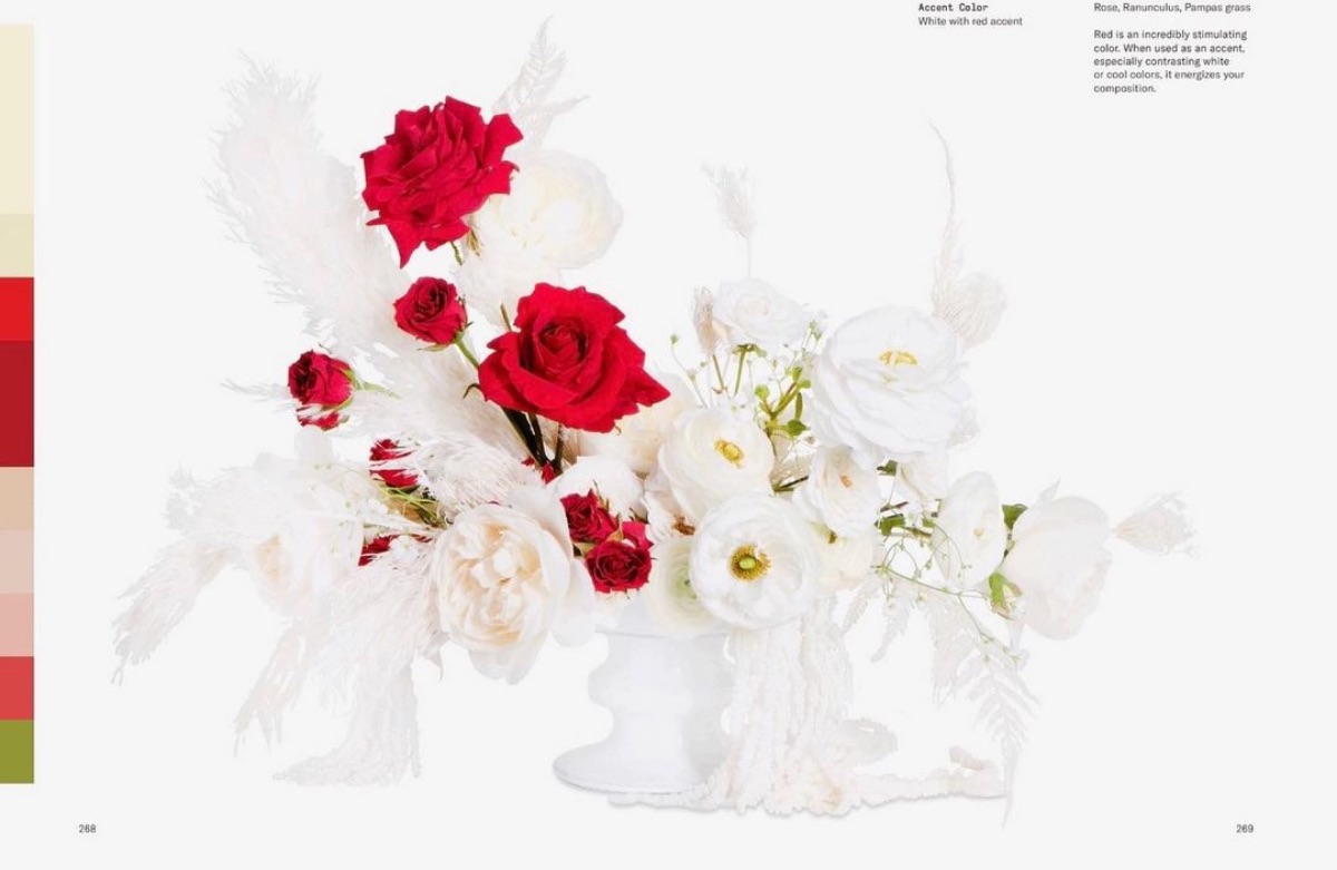 A red and white accented spread from Flower Color Theory 
