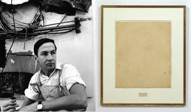 Rauschenberg photographed by Steve Paxton and Erased de Kooning Drawing, 1953 (San Francisco Museum of Modern Art)