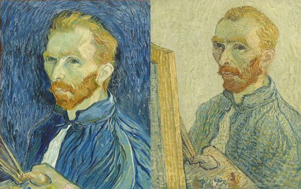 Left: Vincent van Gogh's Self-portrait (1889). Right: a forged version of the painting, shown, via forensic testing, to have been created in the early 20th century