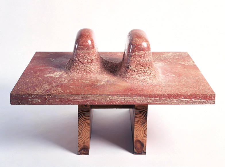Isamu Noguchi. Double Red Mountain, 1969. Persian red travertine on Japanese pine. 11 1/2 x 40 x 30 1/4 in. (29.2 x 101.6 x 76.8 cm) [base: 24 x 37 1/8 x 17 5/8 in. (61 x 94.3 x 44.8 cm)]. ©The Isamu Noguchi Foundation and Garden Museum, New York/ARS. Photograph by Kevin Noble
