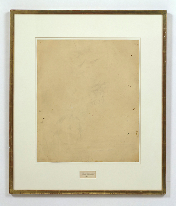Robert Rauschenberg and Willem de Kooning, Erased de Kooning, 1953, traces of drawing media on paper with label and gilded frame, 64.14 × 55.25 cm (251/4 × 213/4 in), San Francisco Museum of Modern Art