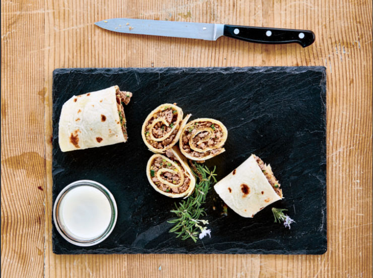 Piadina Wraps with Beef and Parmigiano Bechamel, as reproduced in Bread is Gold