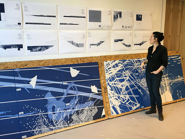 Sarah Sze working on her MTA commission Blueprint for a Landscape (2016).