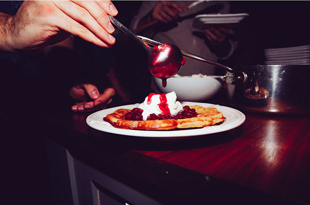 Raspberry and whipped-cream waffles. Photograph by Michelle Heimerman