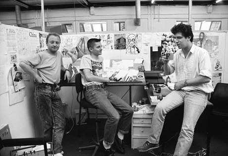 Brett Ewins, Jamie Hewlett and Steve Dillon in the Deadline offices (1988) by Steve Cook
