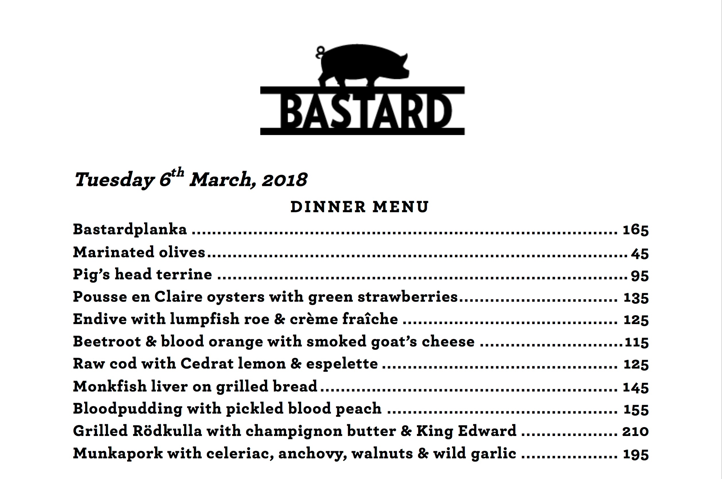 The menu at Bastard recommended in Where Chefs Eat