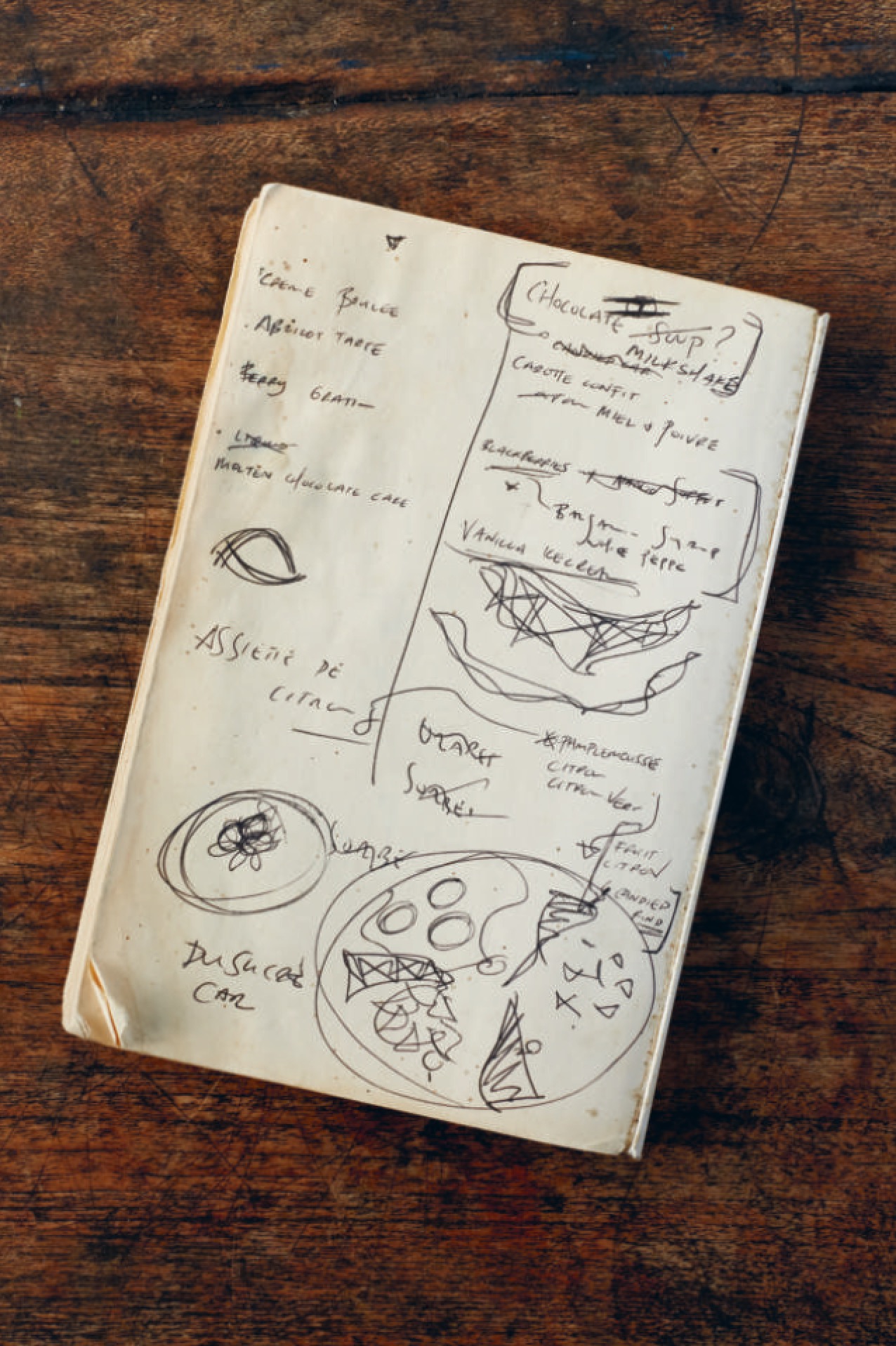 Will's scribbled pastry menu in his £Ernest Hemingway paperback
