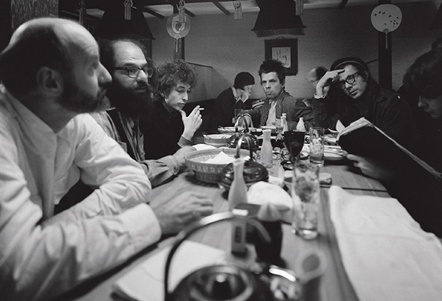 (l-r) Lawrence Ferlinghetti, Allen Ginsberg, Bob Dylan and Peter and Julian Orlofsky photographed by Ettore Sottsass, San Francisco, USA 1965
