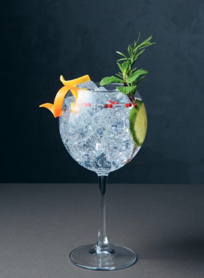 Spanish Gin & Tonic. You can make a no-alcohol version of this by substituting the gin for Seedlip's non-alcoholic spirit