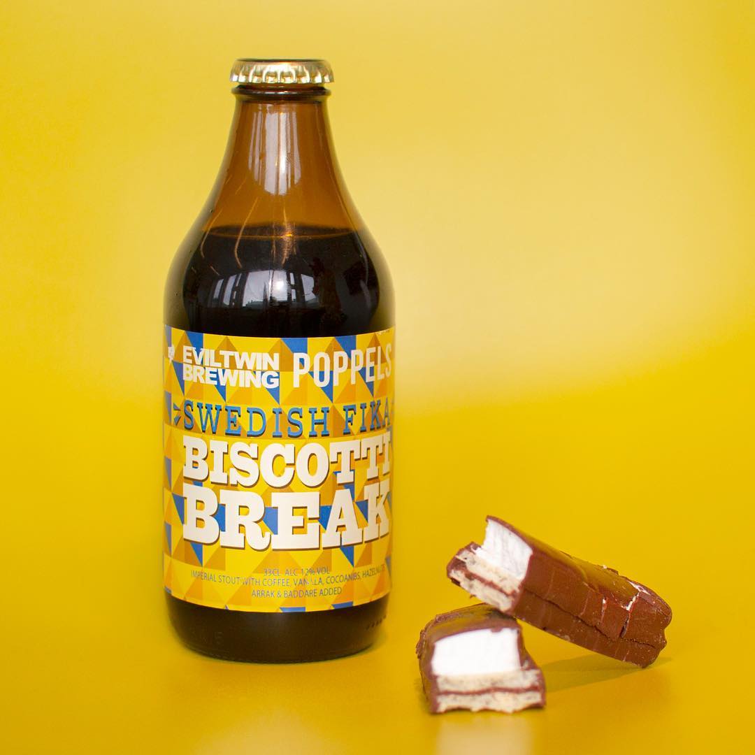 Poppels and Evil Twin Brewing's Swedish Fika Biscotti Break beer. Image courtesy of Evil Twin's Instagram