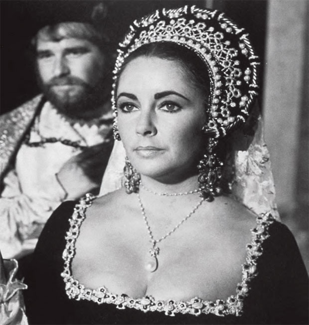 Elizabeth Taylor in Anne of the Thousand Days (1969), wearing the La Peregrina, 1972, natural pearl, diamond and ruby necklace, 78 cm (30½ in) necklace and drop SALE: 13 December 2011, New York; ESTIMATE: $2m–3m/£1.3m–1.9m; SOLD $11,842,500/£7,626,570. From Going Once: 250 Years of Culture, Taste and Collecting at Christie’s
