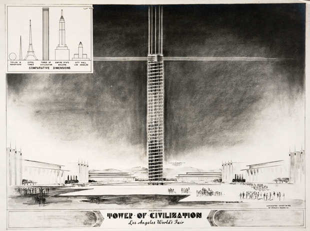 Standing nearly 1,300 feet tall and built partly from magnesium, the Tower of Civilization would have soared over the grounds of the LA World's Fair. Photo courtesy of the Huntington Library