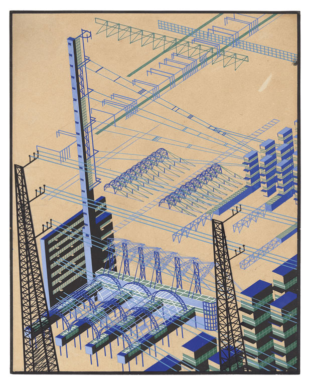 Yakov Chernikov, Composition on a theme of an industrial area with buildings and metal constructions, 1924-33, paper, ink, gouache, pencil, whiting. Tchoban Foundation.