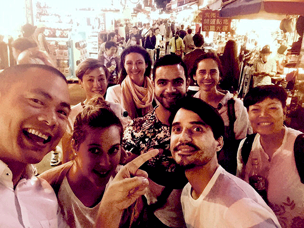Ándre Chiang (far left) and Virgilio Martinez (centre) at the night market in Taipei, Oct 2016