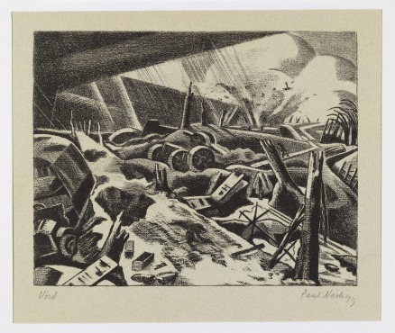 Paul Nash, 1889-1946 Void 1918 Lithograph, signed and dated in pencil Paul Nash 1919, lower right, and inscribed Void, lower left, printed in black ink on warm grey Ingres paper. 7 x 9 inches (18 x 22.9 cm) sheet 18 1/2 x 24 inches (47.3 x 61 cm) Courtesy: The Fine Art Society 