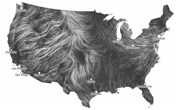 The Wind Map, 2012, by Fernanda Bertini Viégas and Marten Wattenberg. From Map