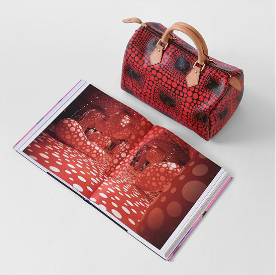 Yayoi Kusama x Louis Vuitton Speedy 30 and a spread from our book showing the artist's 1998 Dots Obsession installation in Toulouse, France. Image courtesy of Hypebae