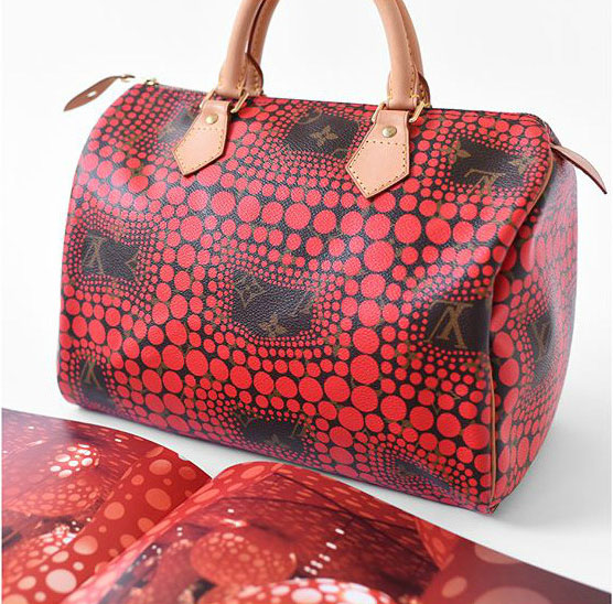 Yayoi Kusama x Louis Vuitton red Speedy 30 and a spread from our book showing the artist's 1998 Dots Obsession installation in Toulouse, France. Image courtesy of Hypebae