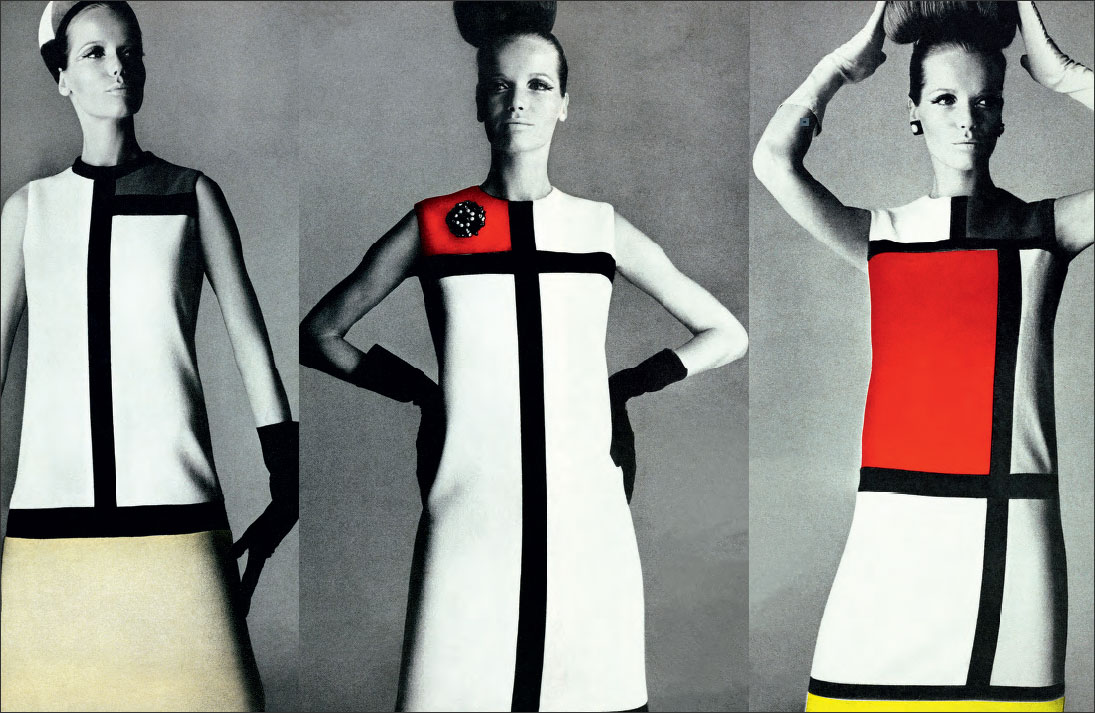 Black diamanté and white pearl earrings (made by Scemama), clip-on topaz and red and green diamanté star ornament (made by Scemama), worn with Piet Mondrian-inspired cocktail dresses, Autumn/Winter 1965 haute couture collection, Vogue (US), September 1965 (photographs by Irving Penn from our book YSL Accessories)