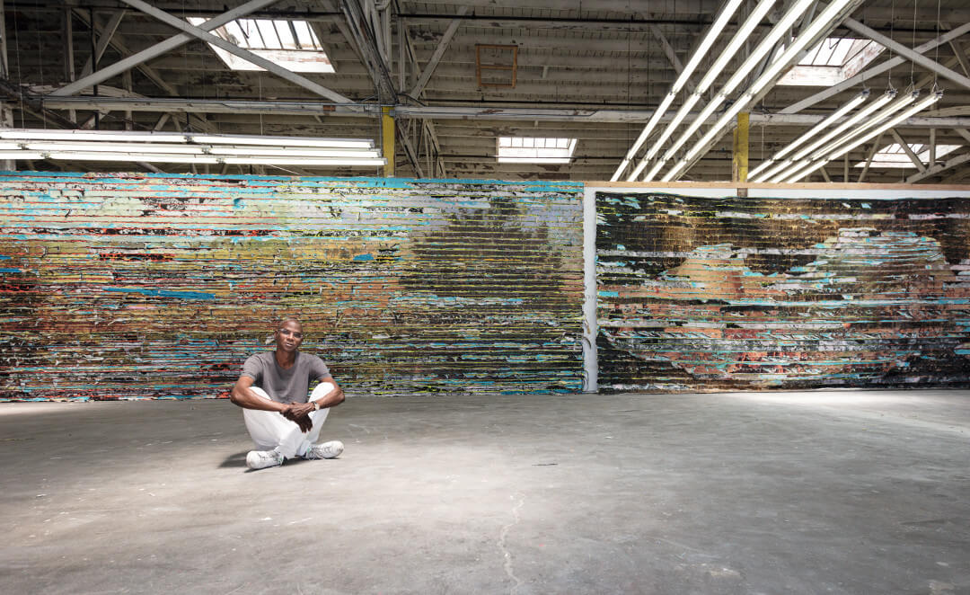 Mark Bradford contemporary abstract mixed media artwork vibrant colors textured layers