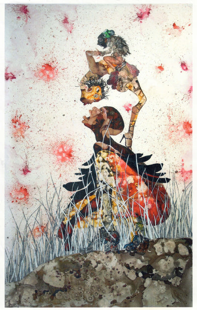 artistic representation of a female figure in a vibrant outfit with abstract patterns, cradling a small monkey on her head, surrounded by splashes of color and tall grass, showcasing a blend of fantasy and cultural elements