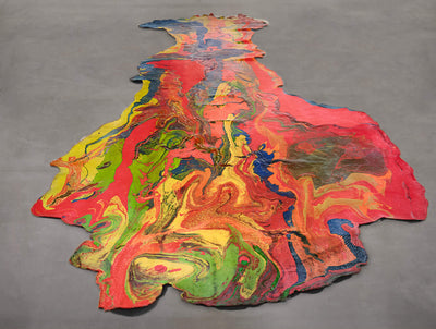 colorful abstract art piece resembling a map with swirling patterns of red, yellow, green, and blue on a gray background