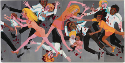 abstract painting depicting chaotic scene with figures engaged in violence and distress, featuring blood, contrasting colors, and expressive facial expressions, showcasing themes of conflict and tension