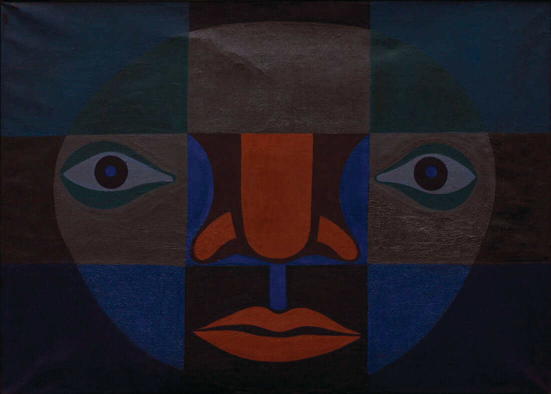 abstract artistic representation of a face featuring geometric shapes and bold colors including blue, green, and brown