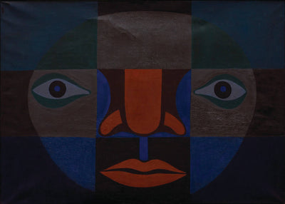 abstract artistic representation of a face featuring geometric shapes and bold colors including blue, green, and brown