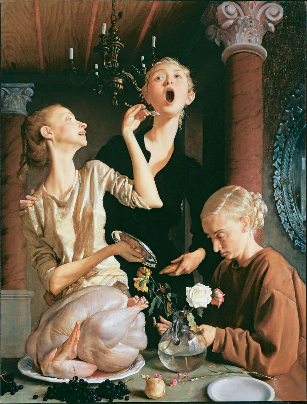 John Currin painting Thanksgiving portrait woman seated at table with turkey and autumn decorations