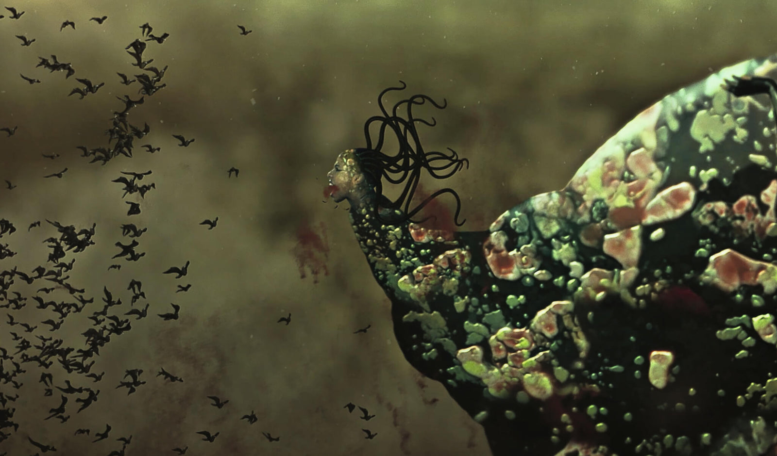 abstract illustration of a fantastical creature with flowing hair and textured scales amidst a swarm of silhouetted birds against a muted background