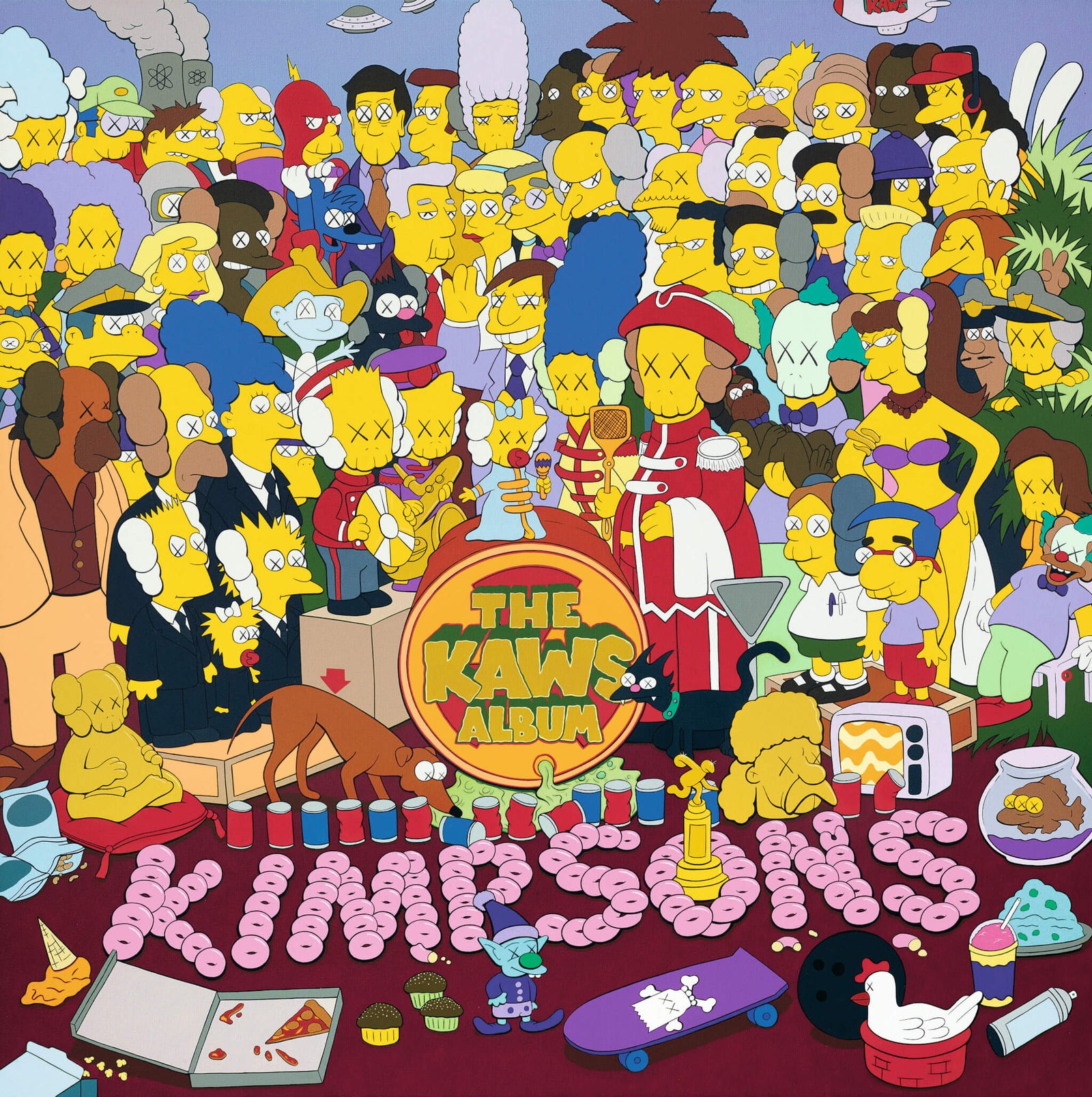 The KAWS Album cover featuring a colorful crowd of characters in a cartoon style, inspired by The Simpsons, with various items like food, drinks, and a skateboard, showcasing a playful and artistic blend of pop culture and street art elements.