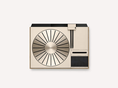retro turntable with minimalist design and unique record player mechanism on a soft background