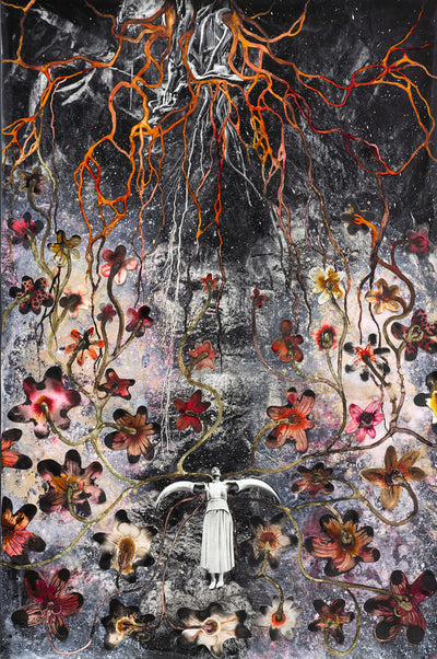 surreal art depicting a figure with wings surrounded by vibrant flowers and intricate root-like patterns against a dark background